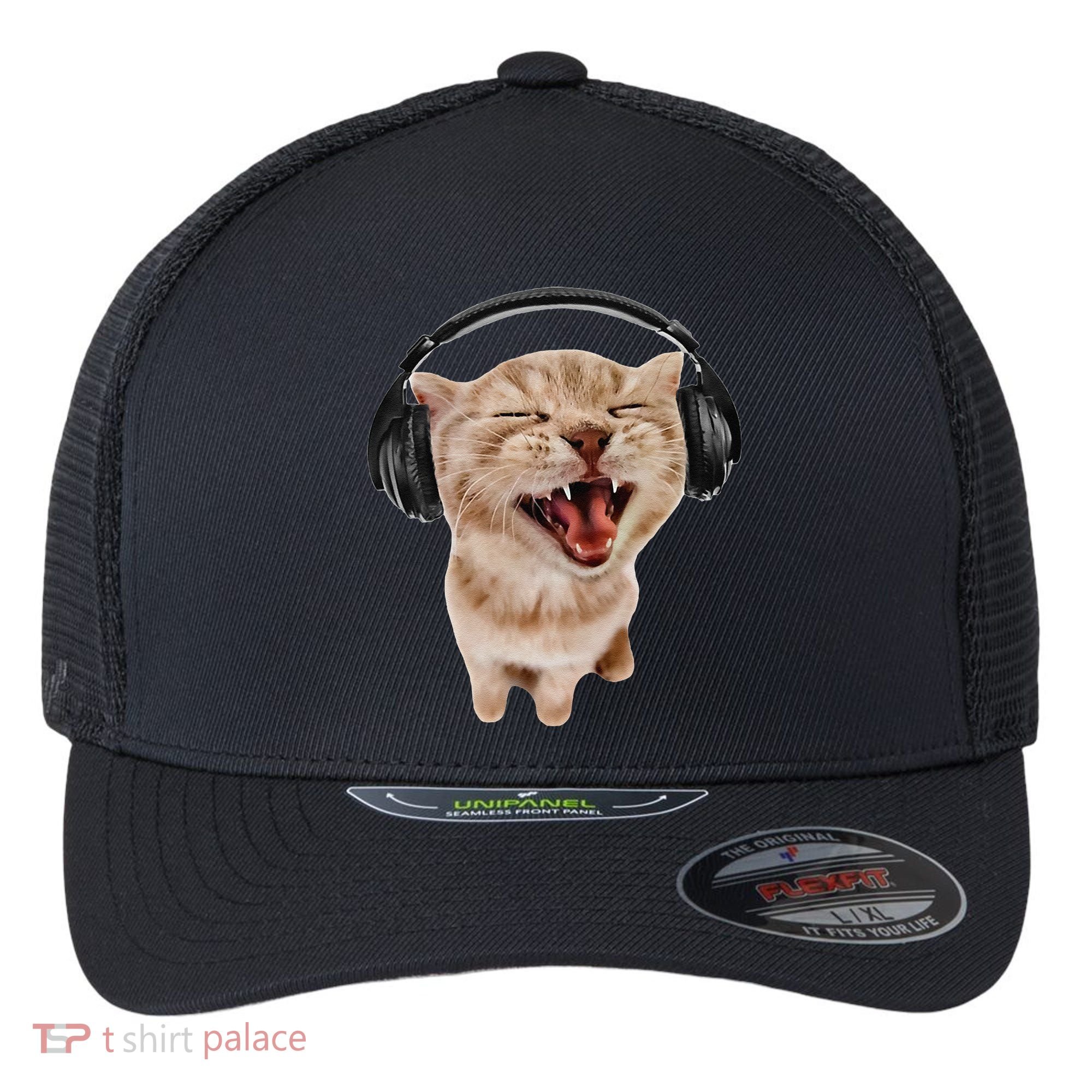 Silly Cat With Headphones Flexfit Unipanel Trucker Cap