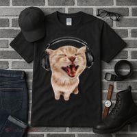Silly Cat With Headphones Tall T-Shirt thumb 3