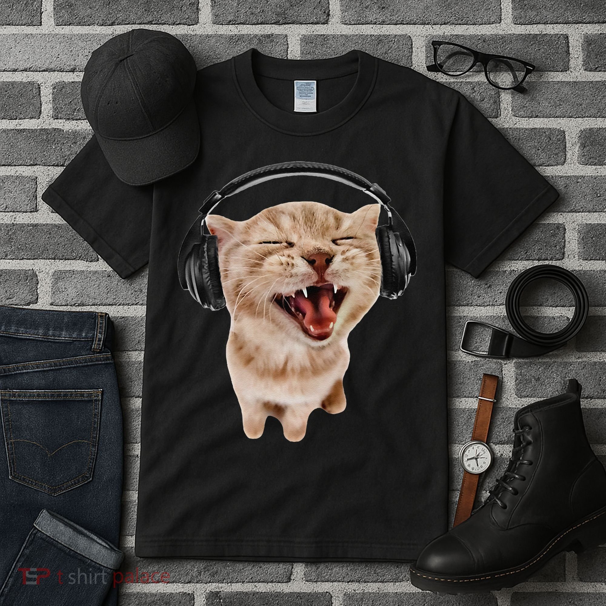 Silly Cat With Headphones Tall T-Shirt