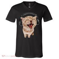 Silly Cat With Headphones V-Neck T-Shirt thumb 0