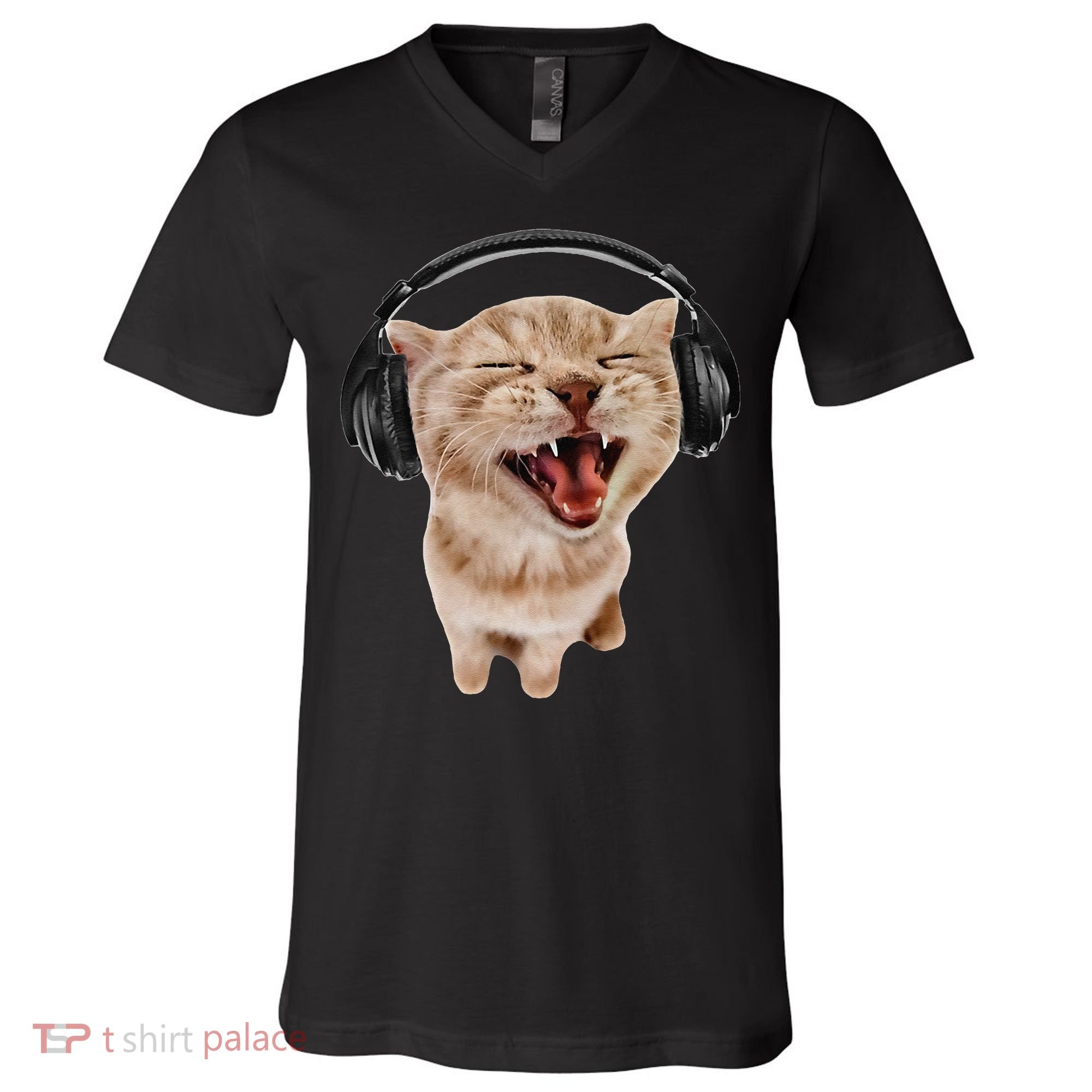 Silly Cat With Headphones V-Neck T-Shirt
