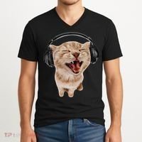 Silly Cat With Headphones V-Neck T-Shirt thumb 2