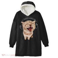 Silly Cat With Headphones Hooded Wearable Blanket thumb 0