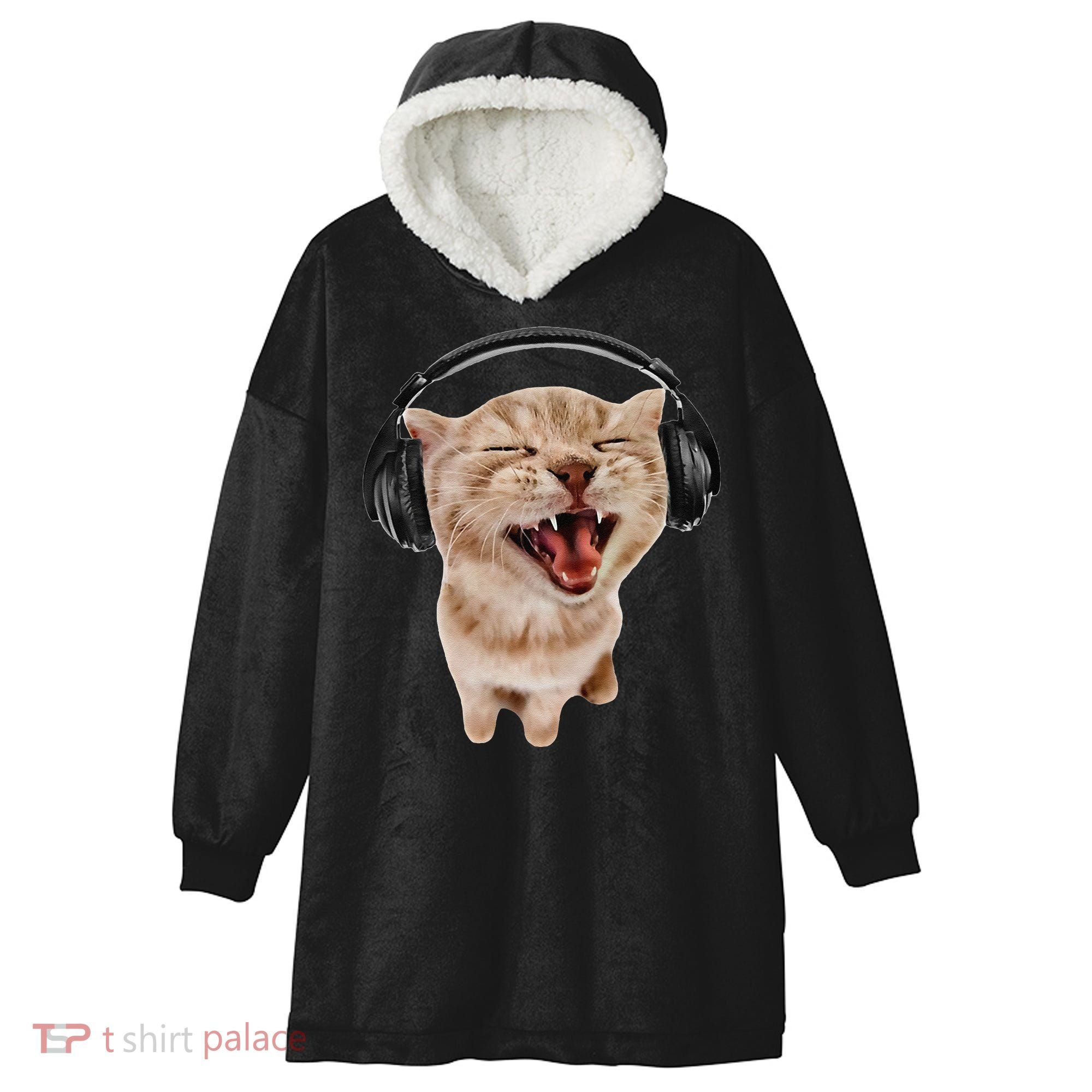 Silly Cat With Headphones Hooded Wearable Blanket