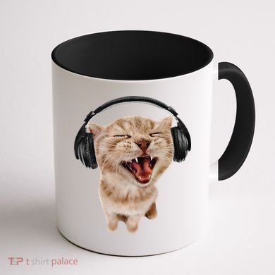 Silly Cat With Headphones Coffee Mug back