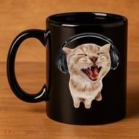 Silly Cat With Headphones 11oz C Handle Ceramic Mug thumb 4