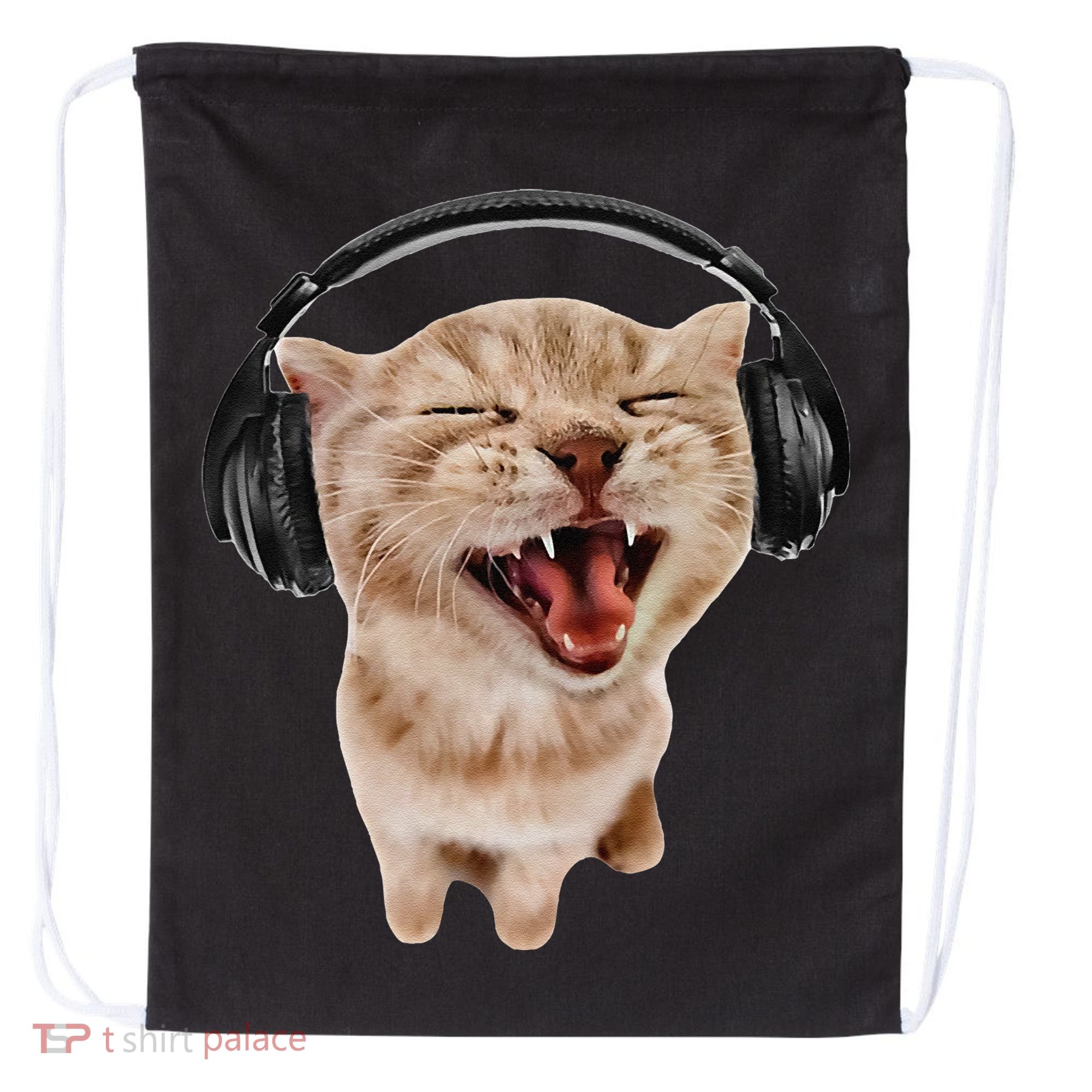 Silly Cat With Headphones Drawstring Bag