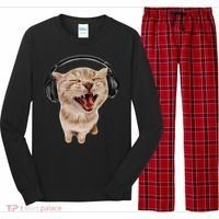 Silly Cat With Headphones Long Sleeve Pajama Set thumb 0