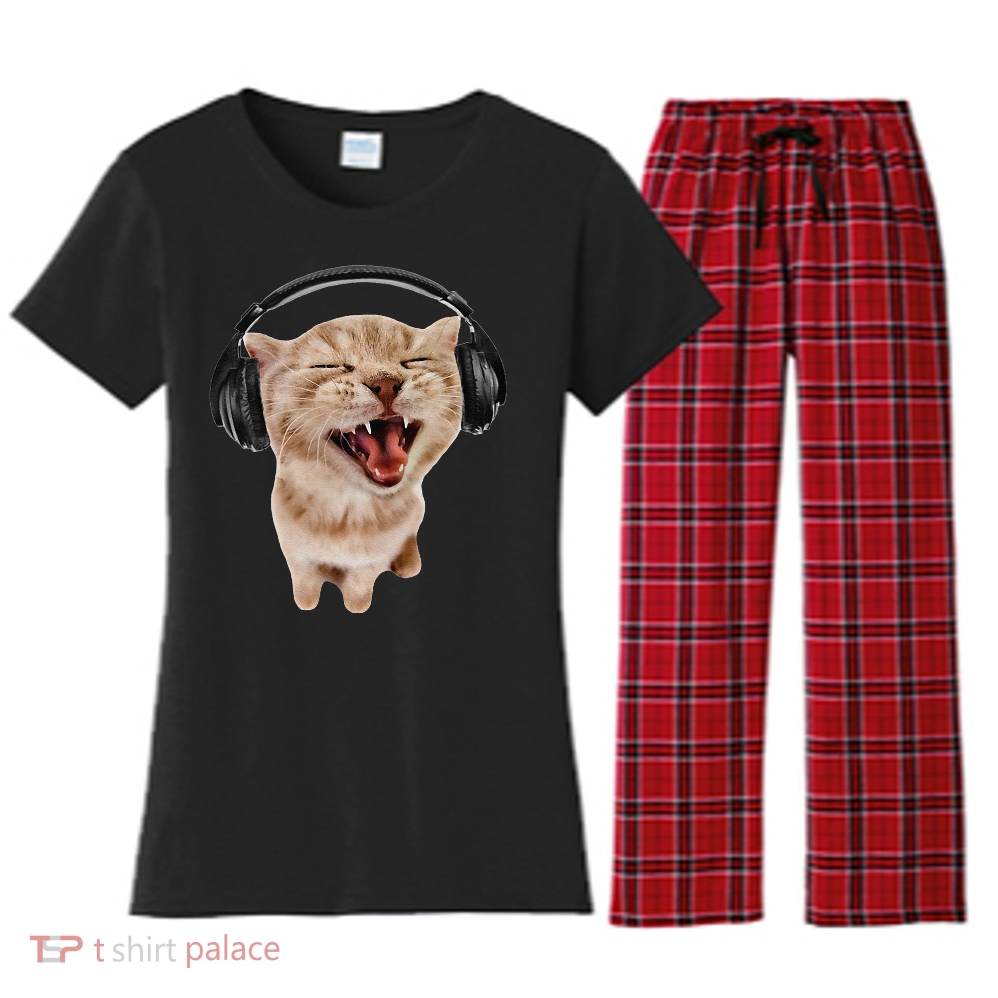 Silly Cat With Headphones Women's Flannel Pajama Set