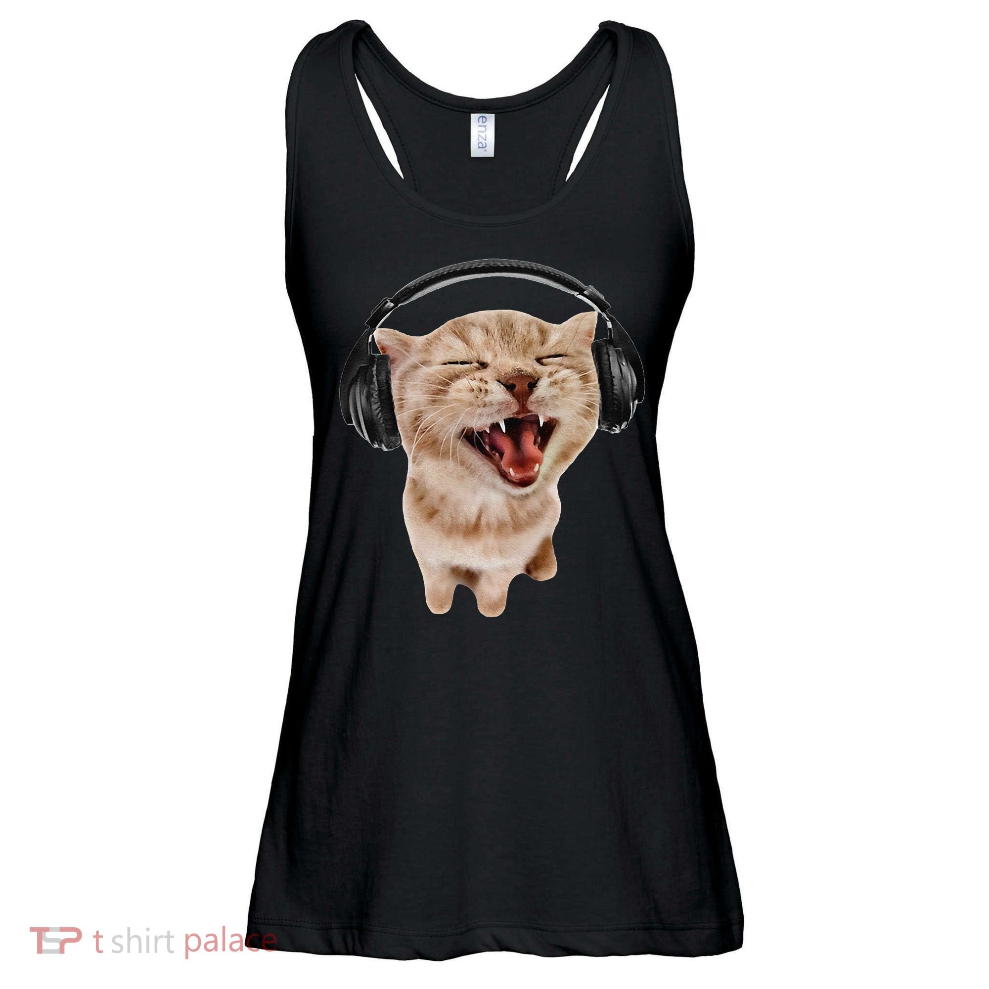 Silly Cat With Headphones Ladies Essential Flowy Tank