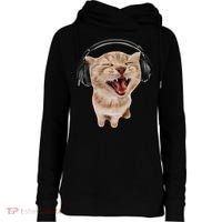 Silly Cat With Headphones Womens Funnel Neck Pullover Hood thumb 0