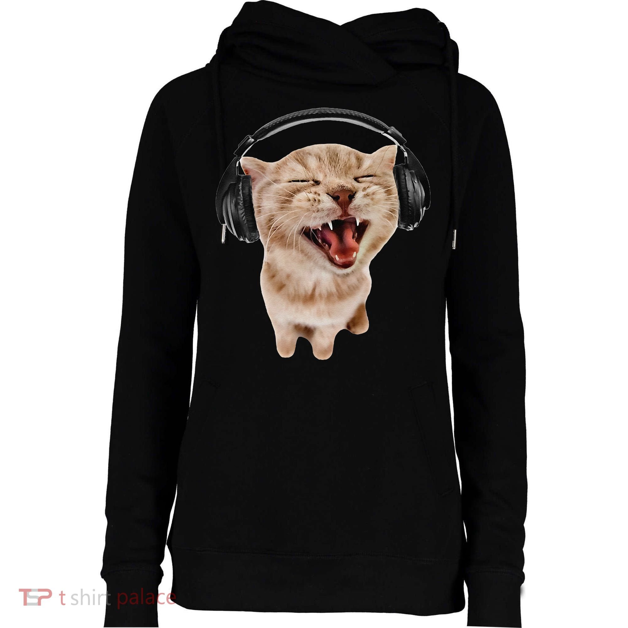 Silly Cat With Headphones Womens Funnel Neck Pullover Hood