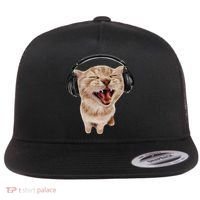 Silly Cat With Headphones Flat Bill Trucker Hat thumb 0