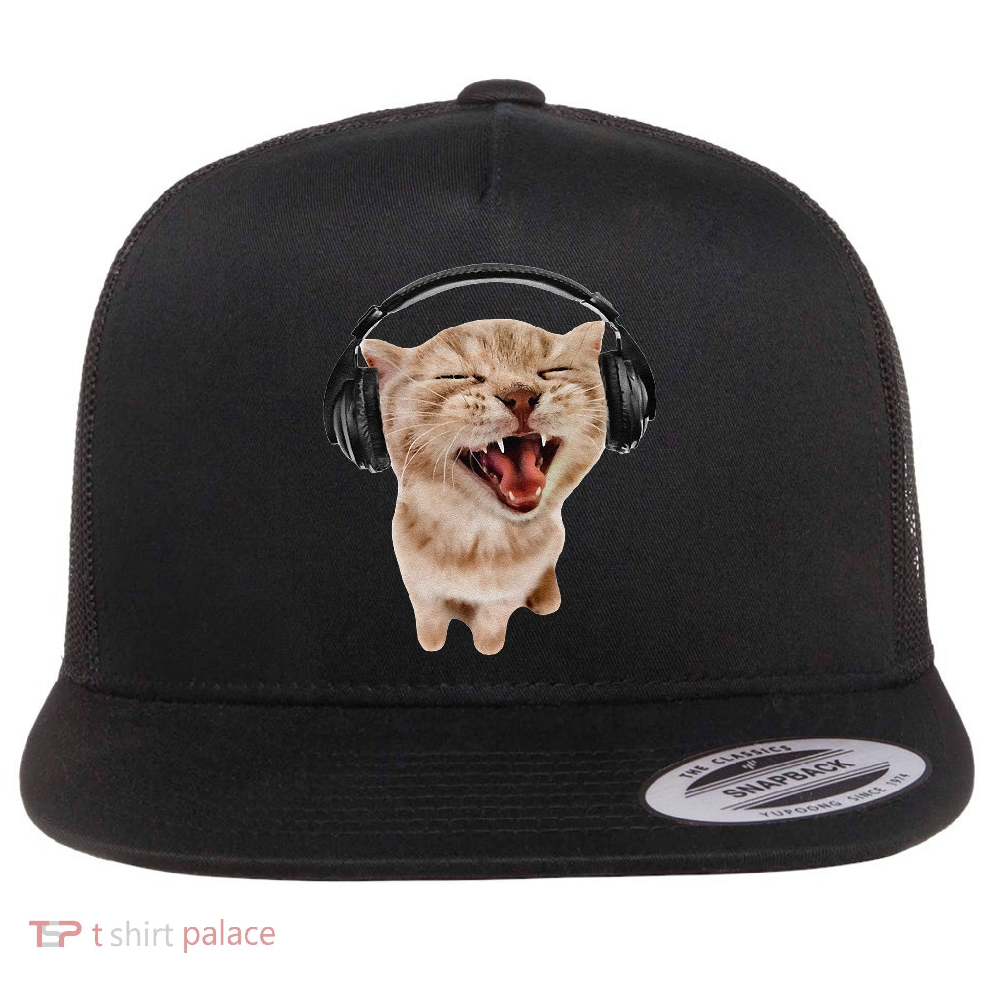 Silly Cat With Headphones Flat Bill Trucker Hat