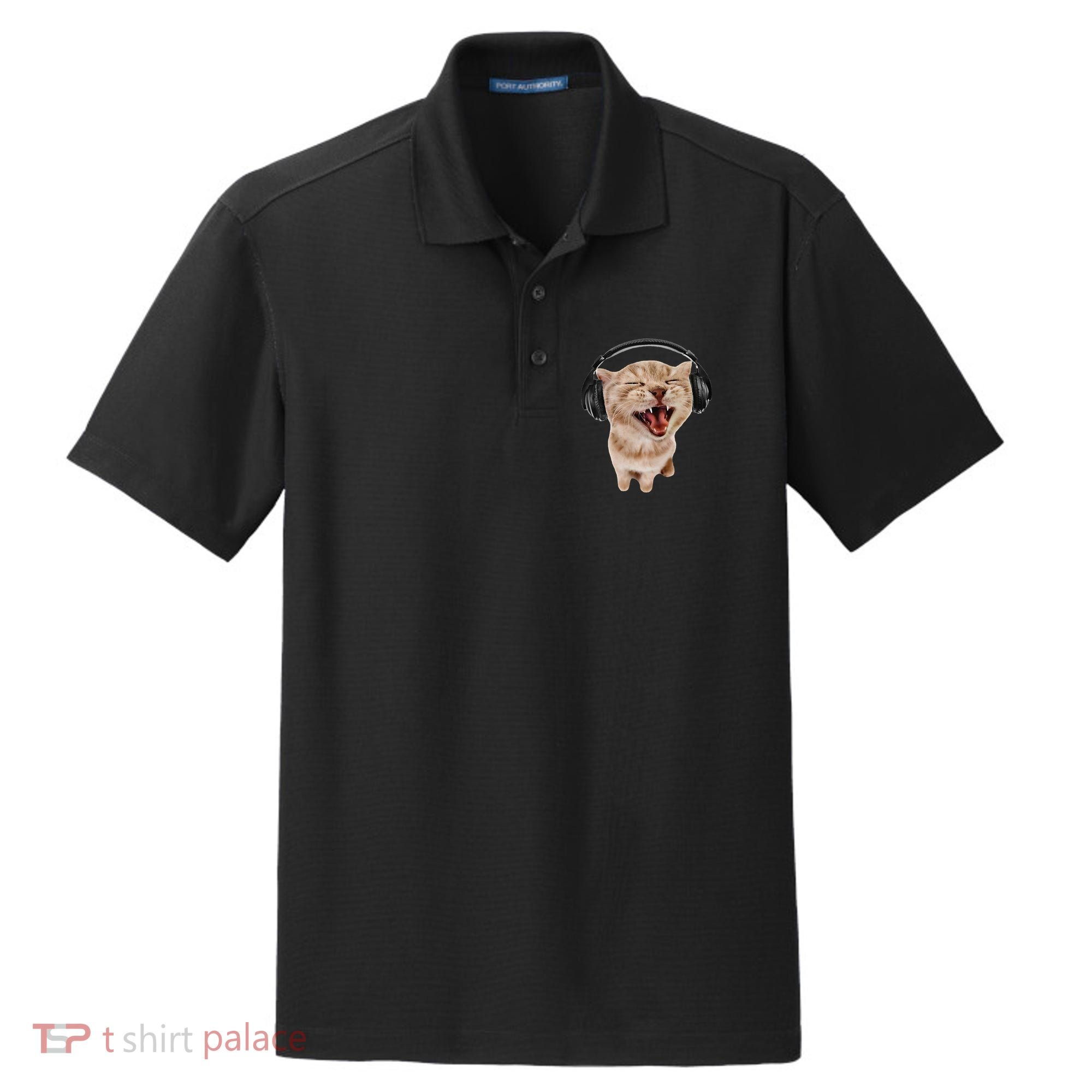 Silly Cat With Headphones Dry Zone Grid Polo