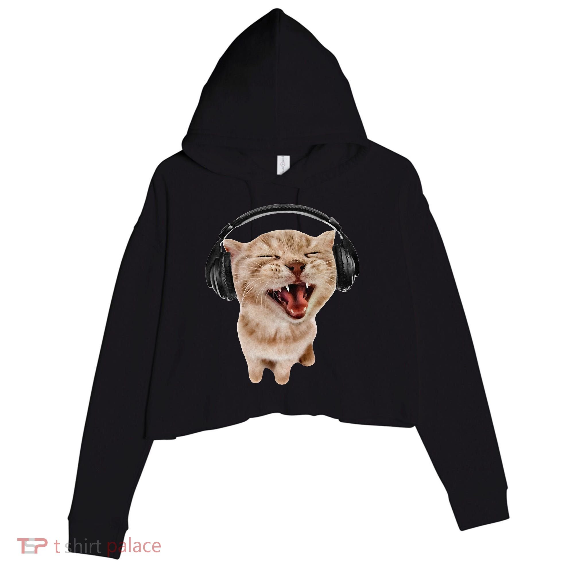 Silly Cat With Headphones Crop Fleece Hoodie