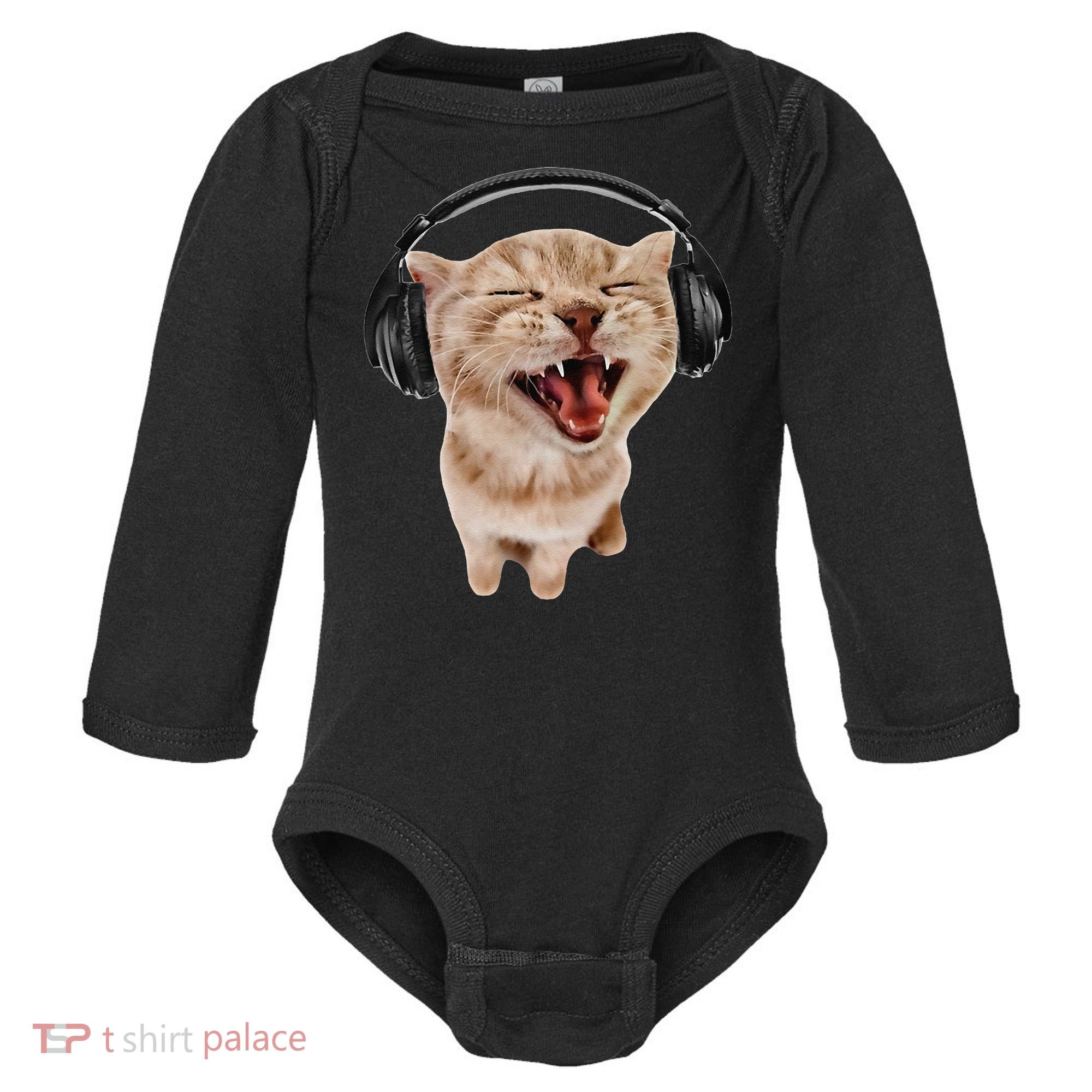 Silly Cat With Headphones Baby Long Sleeve Bodysuit