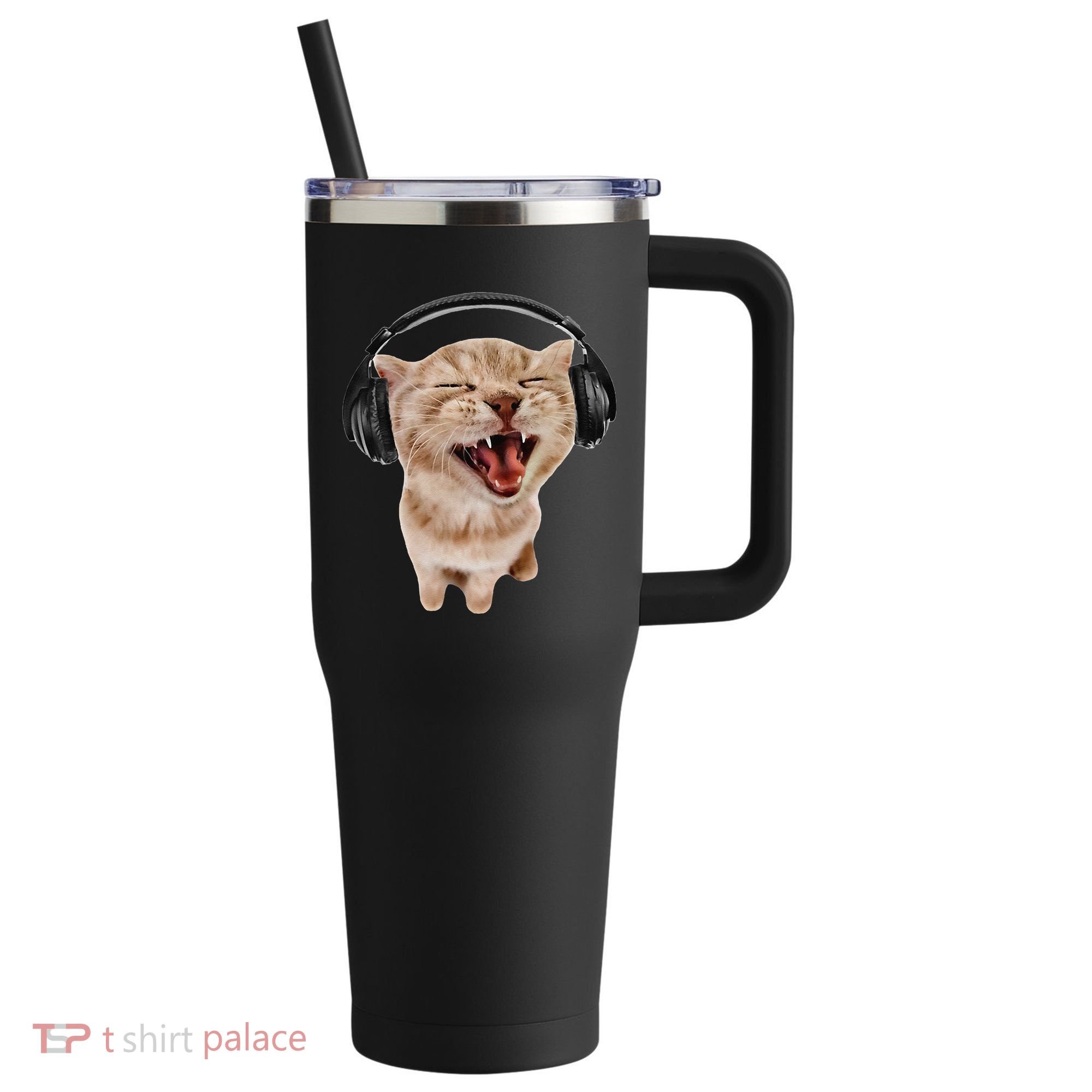 Silly Cat With Headphones 40oz Vacuum Insulated Stainless Steel Travel Tumbler