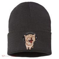 Silly Cat With Headphones Sustainable Knit Beanie thumb 0