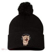 Silly Cat With Headphones Pom Pom 12in Knit Beanie thumb 0