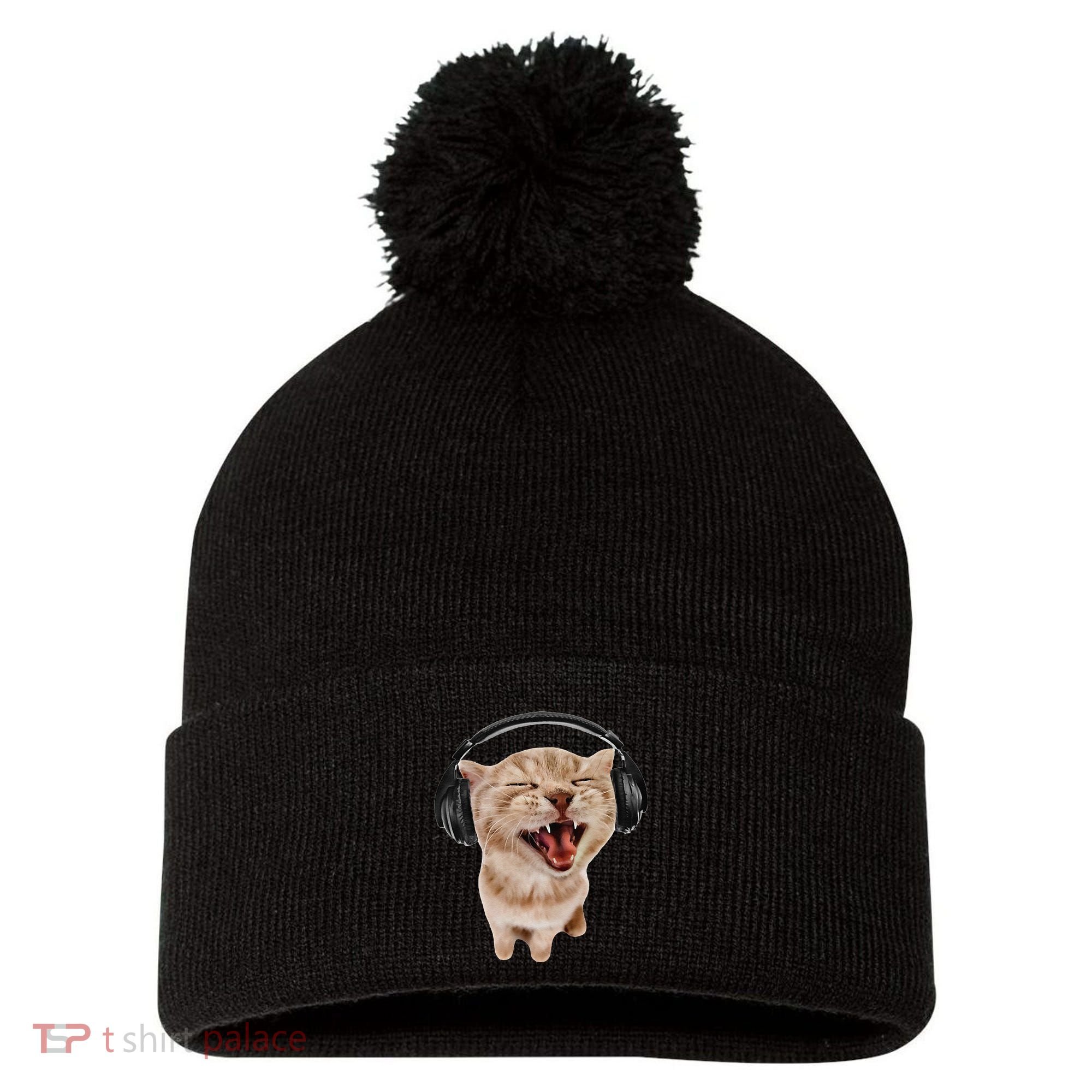 Silly Cat With Headphones Pom Pom 12in Knit Beanie