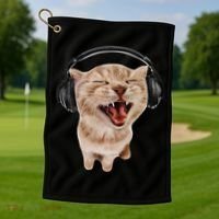 Silly Cat With Headphones Golf Towel thumb 1