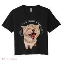Silly Cat With Headphones Women's Crop Top Tee thumb 0