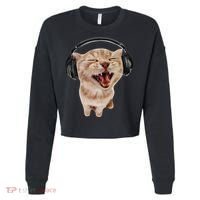Silly Cat With Headphones Cropped Pullover Crew thumb 0