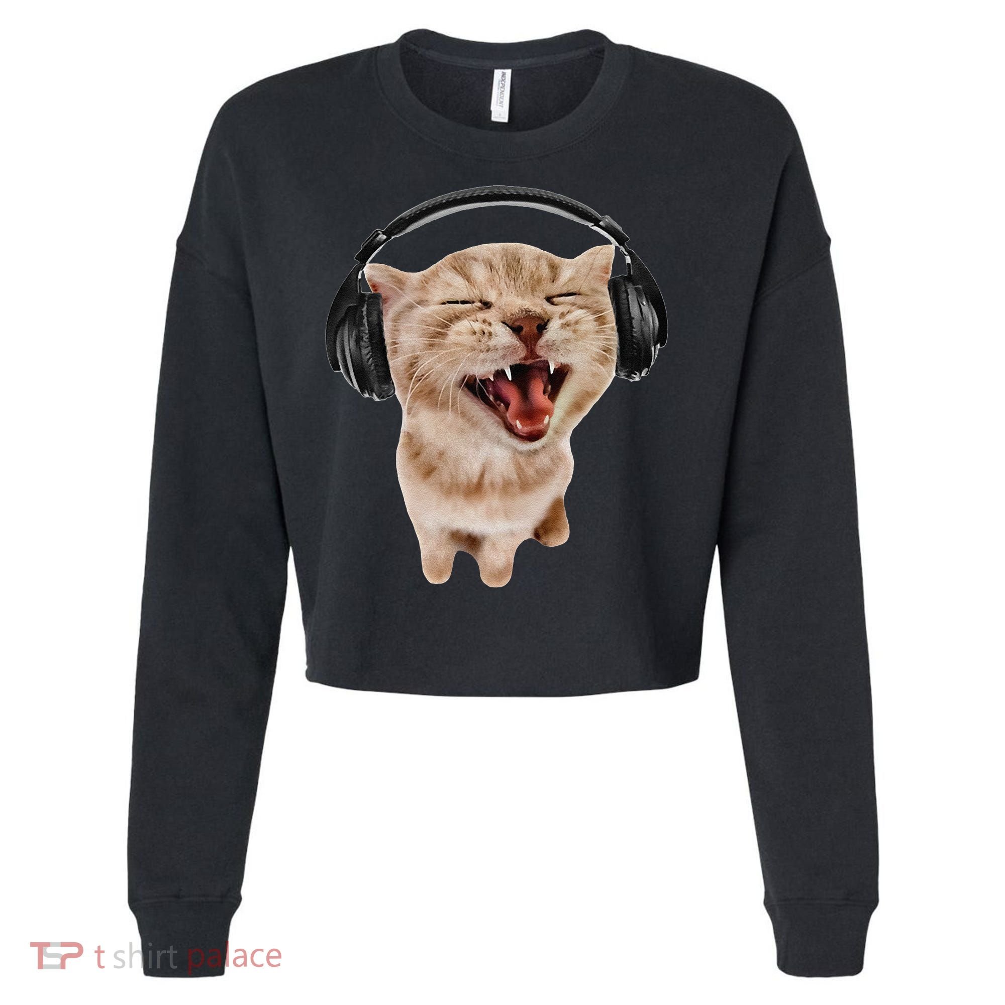 Silly Cat With Headphones Cropped Pullover Crew