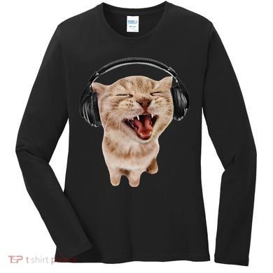 Silly Cat With Headphones Women's Long Sleeve Shirt