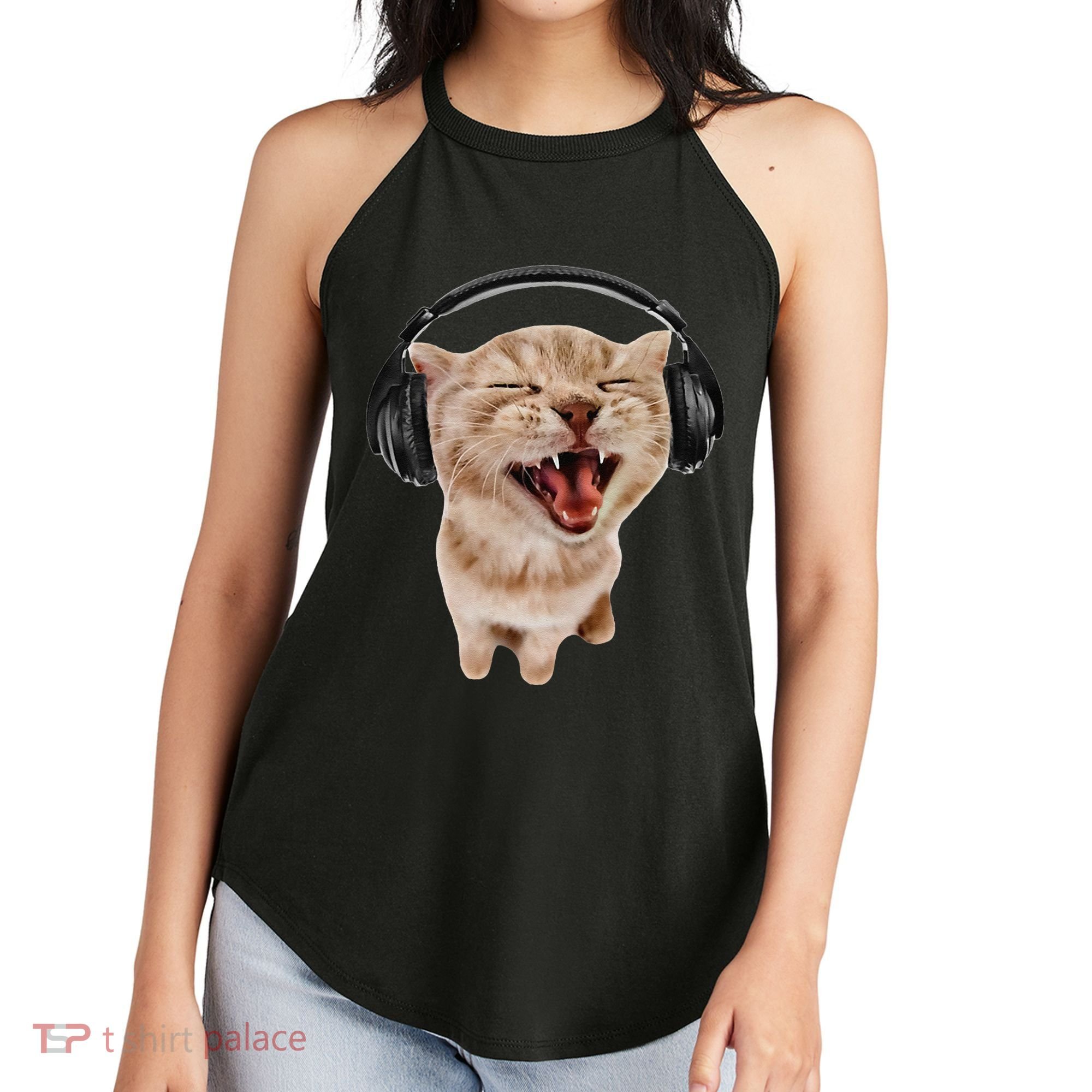 Silly Cat With Headphones Women's Perfect Tri Rocker Tank