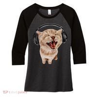 Silly Cat With Headphones Women's Tri-Blend 3/4-Sleeve Raglan Shirt thumb 0