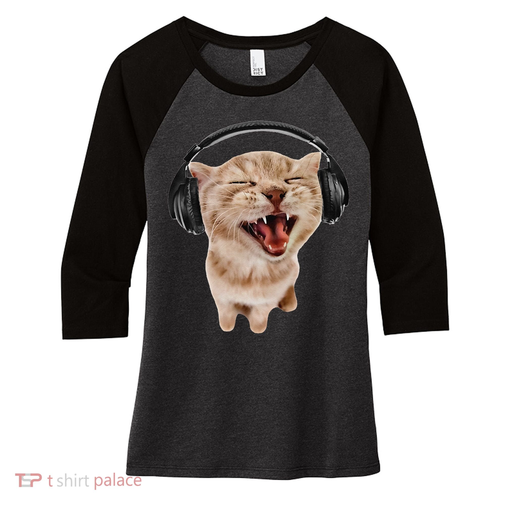 Silly Cat With Headphones Women's Tri-Blend 3/4-Sleeve Raglan Shirt