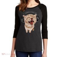Silly Cat With Headphones Women's Tri-Blend 3/4-Sleeve Raglan Shirt thumb 2