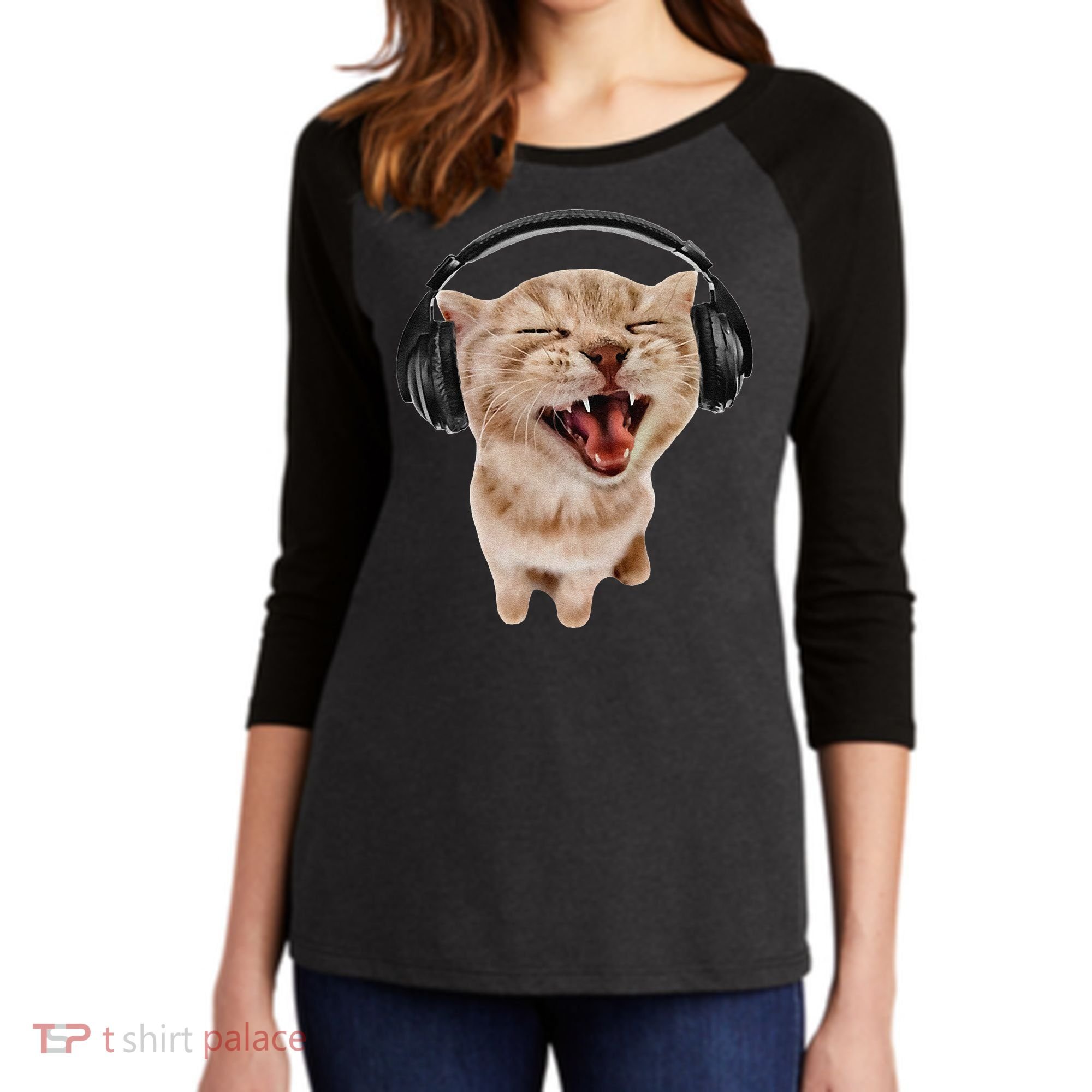 Silly Cat With Headphones Women's Tri-Blend 3/4-Sleeve Raglan Shirt