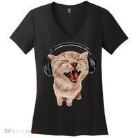 Silly Cat With Headphones Women's V-Neck T-Shirt thumb 0