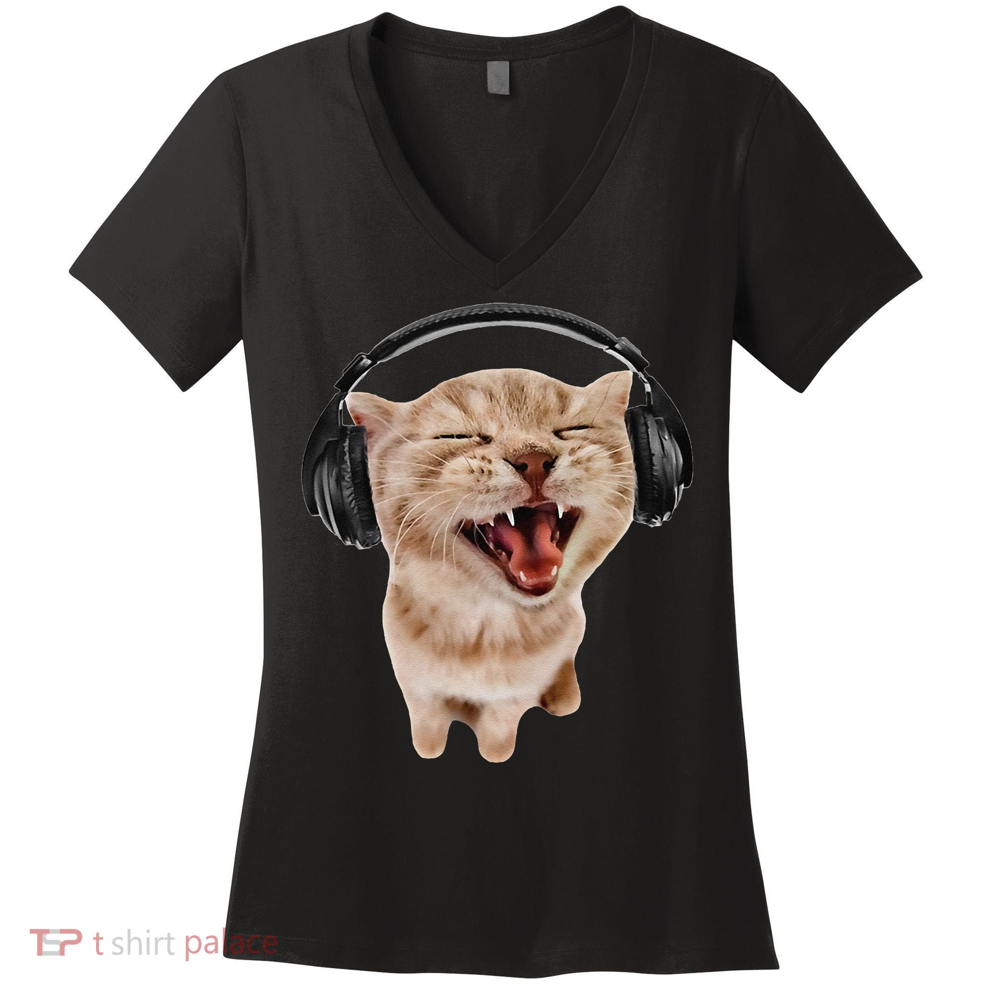 Silly Cat With Headphones Women's V-Neck T-Shirt