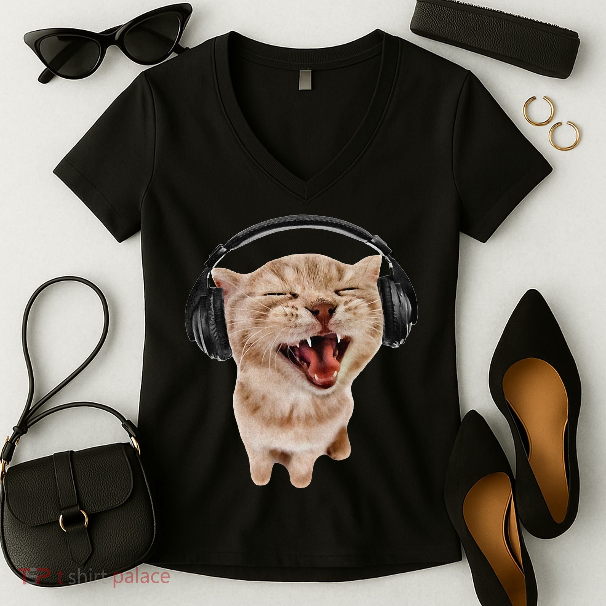 Silly Cat With Headphones Women's V-Neck T-Shirt