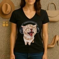 Silly Cat With Headphones Women's V-Neck T-Shirt thumb 3