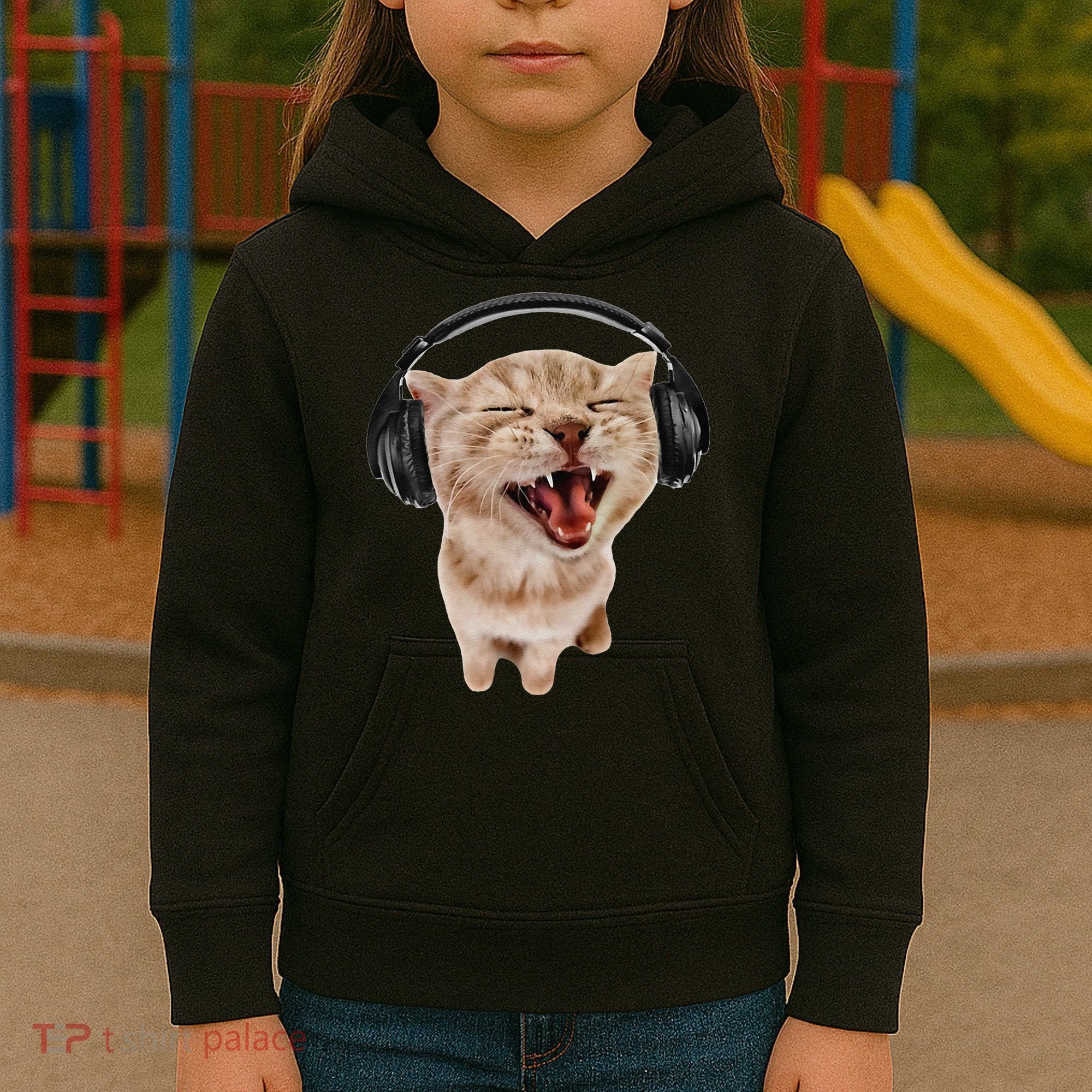 Silly Cat With Headphones Kids Hoodie