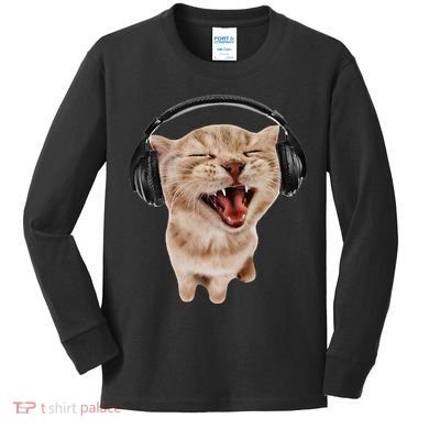 Silly Cat With Headphones Kids Long Sleeve Shirt
