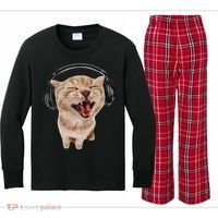 Silly Cat With Headphones Kids Long Sleeve Plaid Pajama Set thumb 0