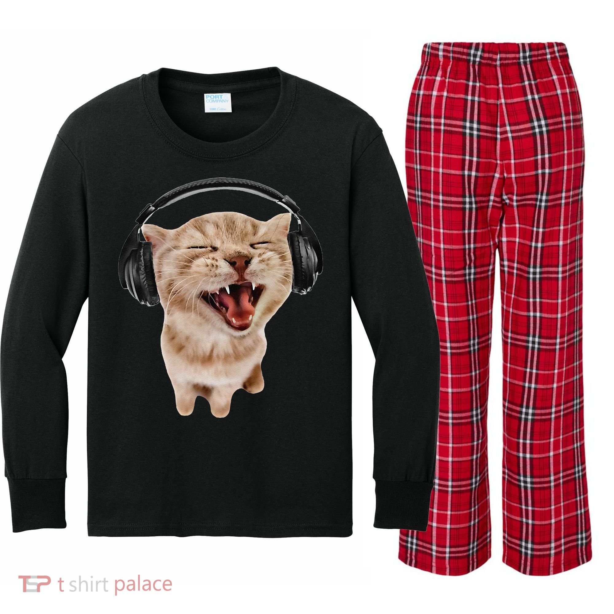 Silly Cat With Headphones Kids Long Sleeve Plaid Pajama Set