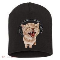 Silly Cat With Headphones Short Acrylic Beanie thumb 0