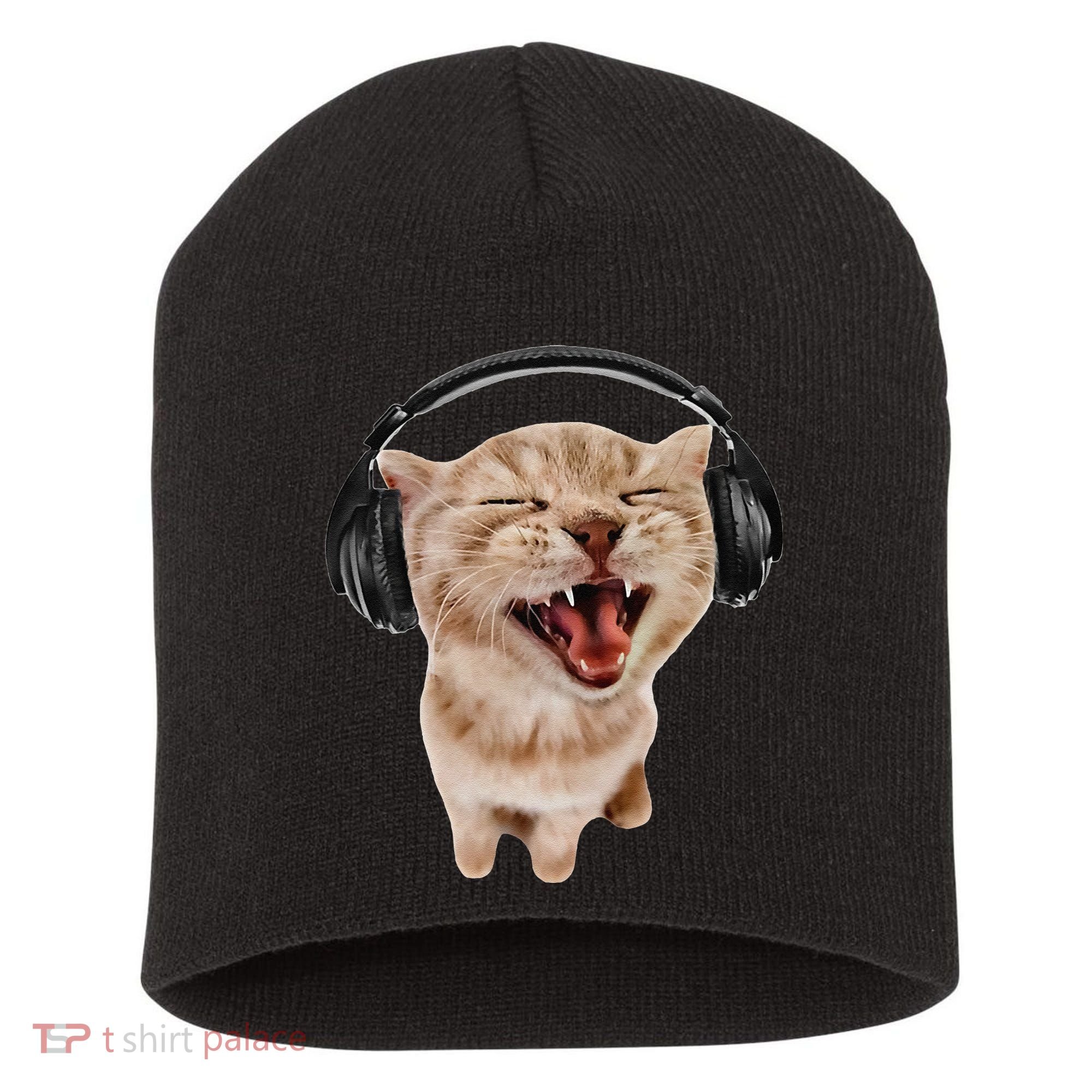 Silly Cat With Headphones Short Acrylic Beanie