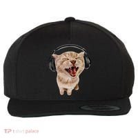 Silly Cat With Headphones Wool Snapback Cap thumb 0