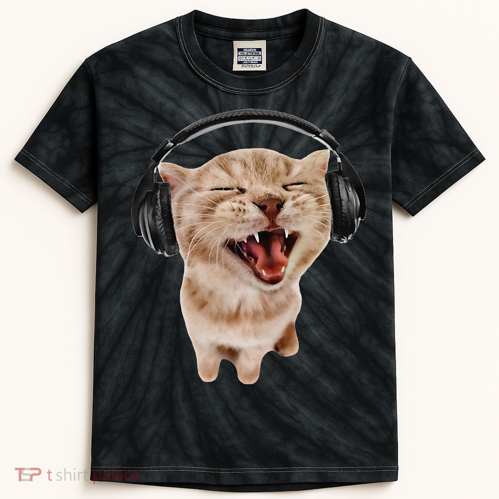 Silly Cat With Headphones Kids Tie-Dye T-Shirt