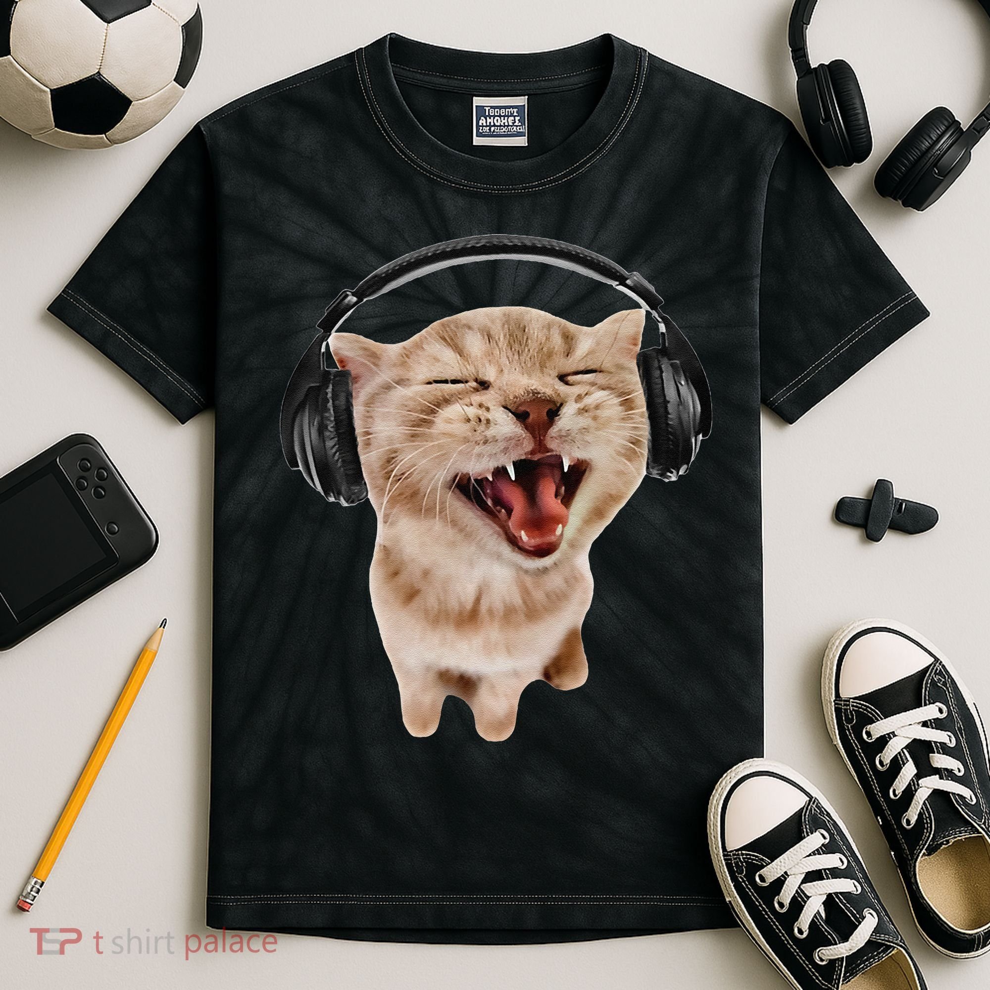 Silly Cat With Headphones Kids Tie-Dye T-Shirt