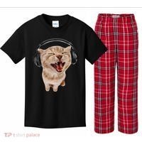 Silly Cat With Headphones Kids Plaid Pajama Set thumb 0