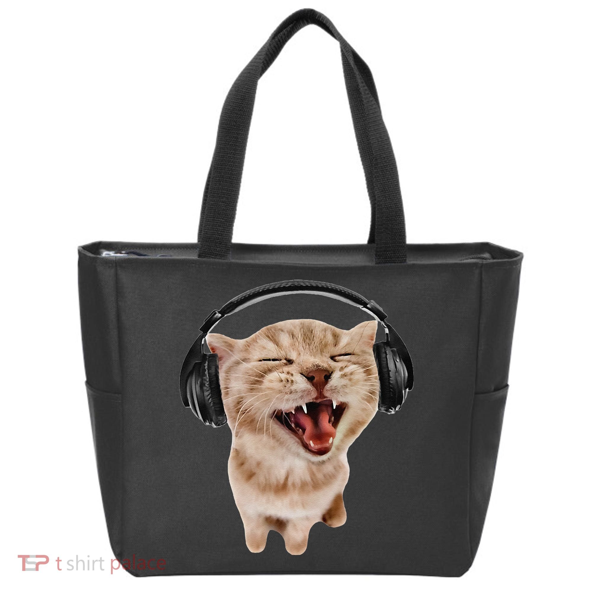 Silly Cat With Headphones Tote Bag